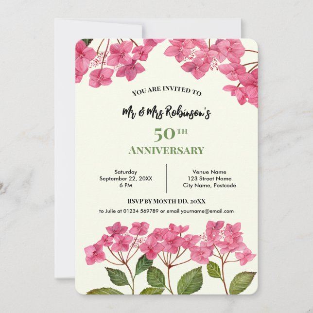 Convite Hidrangea Rosa Lacecap Aquarela Aniversário de 50  (Frente)