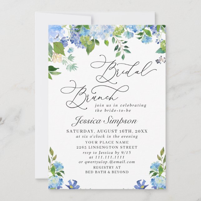 Convite Hídrangea Watercolor Bridal Brunch Azul Elegante (Frente)