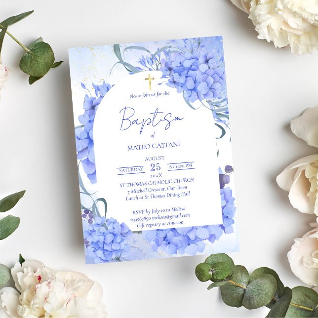 Convite Hídrangeas azuis elegantes batismo floral (Baptism christening blue hydrangeas invitation template)