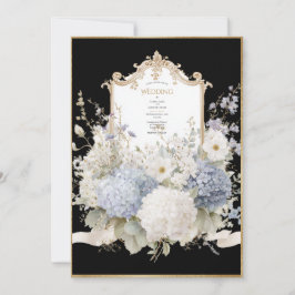 Convite Hidrângeas Azuis Elegantes Casamento Vintage Preto