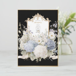 Convite Hidrângeas Azuis Elegantes Casamento Vintage Preto