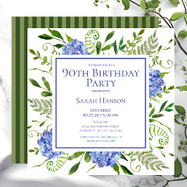 Convite Hidrângeas Azuis no 90º Aniversário Aquarela Flora