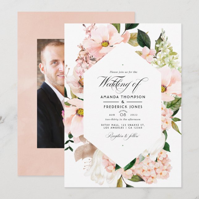 Convite Hidrangeâs Florais Rosa Choque Casamento Foto (Frente/Verso)