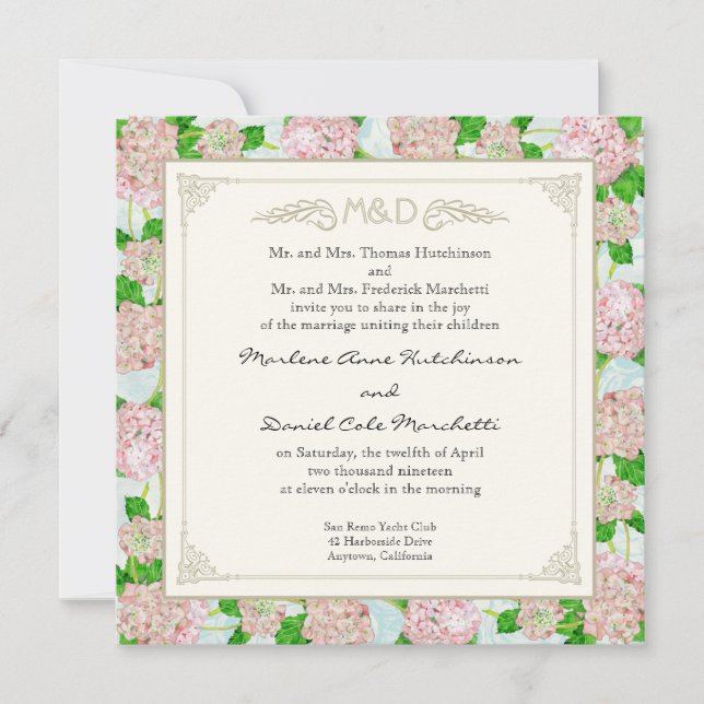 Convite Hidrangeia Rosa - Renda Floral Formal Elegante Cas (Frente)