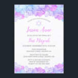 Convite Hidrocoloração Floral Rosa Hidrangea Bat Mitzvah<br><div class="desc">Sombras de flores azuis, cor-de-rosa, lavanda e aqua e uma estrela de David decoram este convite elegante de morcego de aquarela mitzvah. Este design apresenta uma borda floral no topo e na base. Seus detalhes de celebração podem ser personalizados em uma tipografia moderna em rosa e cinzas. A parte de...</div>