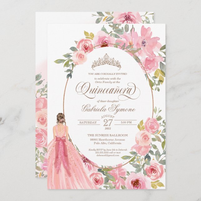 Convite Hidrocores Escamosas Flores Rosa Quinceanera Flora (Frente/Verso)