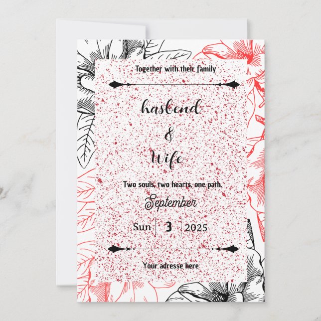 Convite High-Contrast Red Speckle & Black Line Art Floral (Frente)