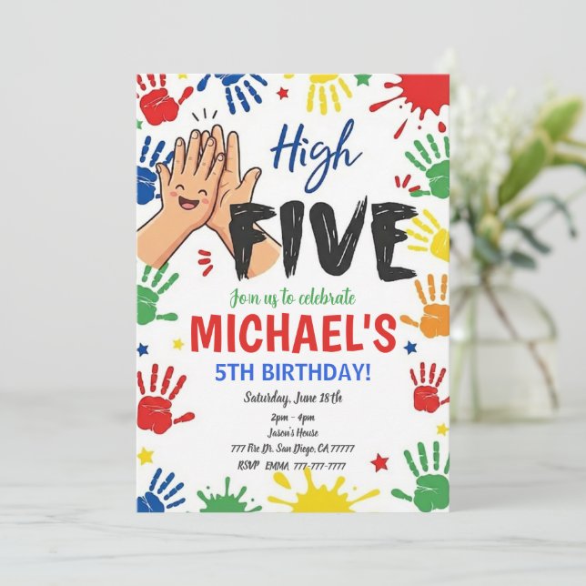 Convite High Five Birthday Hi Five 5th Birthday Party (Em pé/Frente)