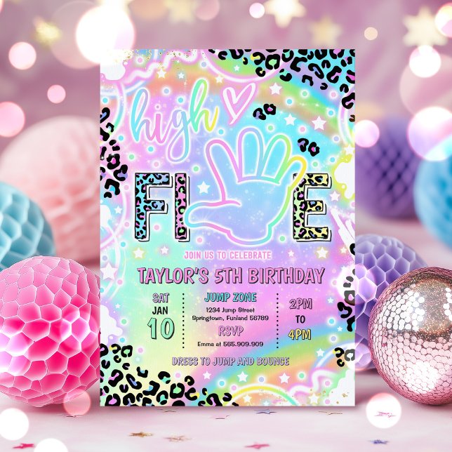 Convite High Five Rainbow Leopard Print 5th Birthday Party (Criador carregado)