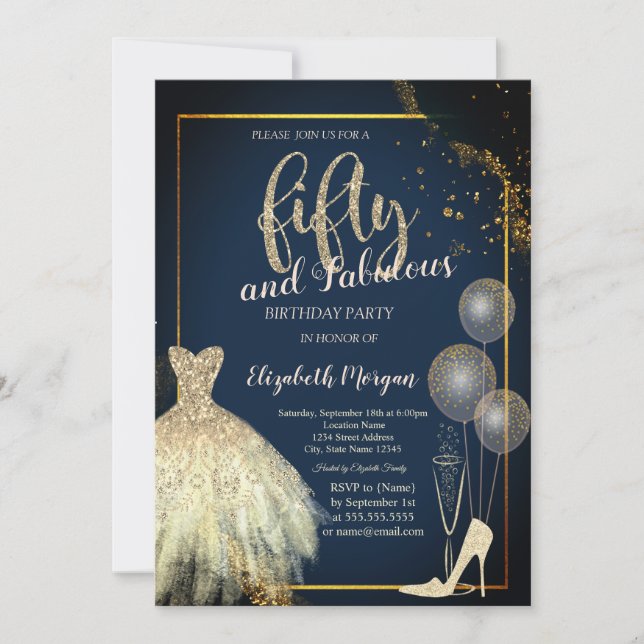 Convite High Heels,Dress,Stars Navy Blue 50th Birthday  (Frente)