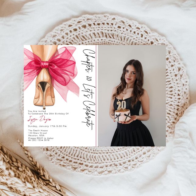 Convite High Heels Pink Bow 20th Birthday Party Photo (Criador carregado)