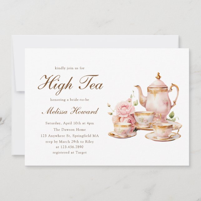 Convite High Tea Pastel Gold Bridal Shower (Frente)