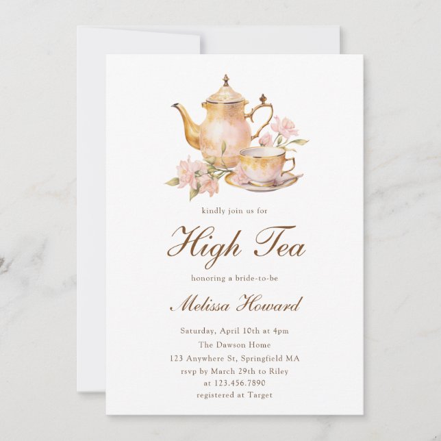 Convite High Tea Pastel Gold Bridal Shower (Frente)