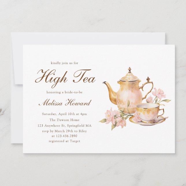 Convite High Tea Pastel Gold Bridal Shower (Frente)