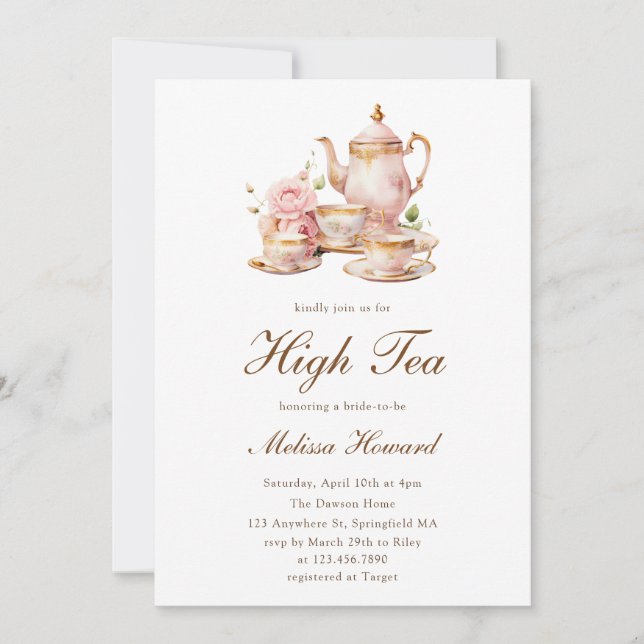 Convite High Tea Pastel Gold Bridal Shower (Frente)