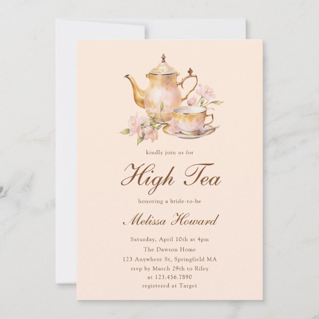 Convite High Tea Pastel Orange Gold Bridal Shower (Frente)