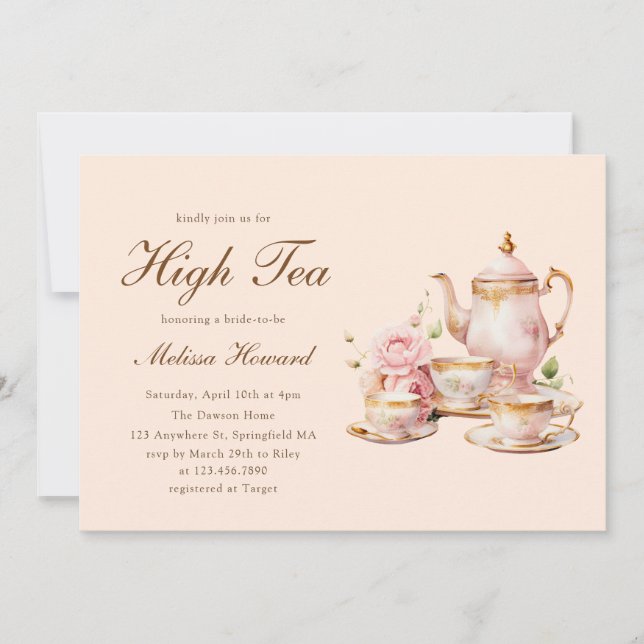 Convite High Tea Pastel Orange Gold Bridal Shower (Frente)