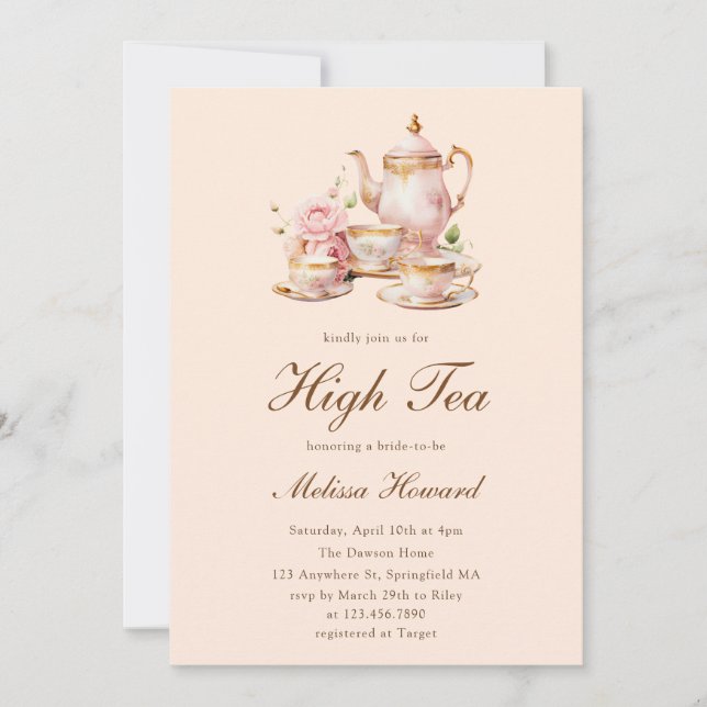 Convite High Tea Pastel Orange Gold Bridal Shower (Frente)