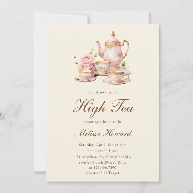 Convite High Tea Pastel Yellow Gold Bridal Shower (Frente)