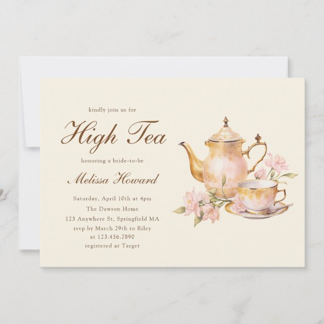 Convite High Tea Pastel Yellow Gold Bridal Shower (Frente)