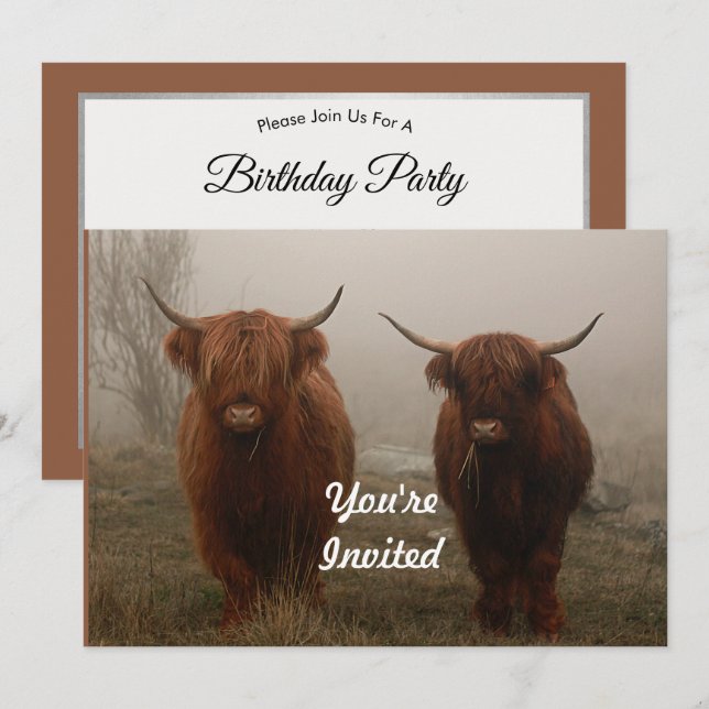 Convite Highland Cattle Fog Photo Birthday (Frente/Verso)