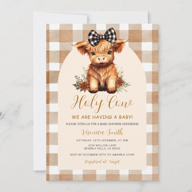 Convite Highland Cow Baby Shower with Bow Gingham Floral (Frente)