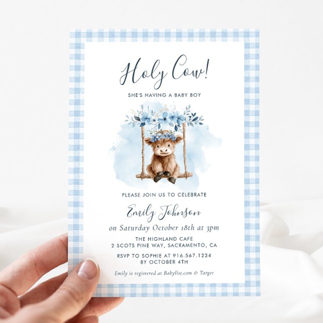 Convite Highland Cow Boy Baby Shower Invitation (Criador carregado)