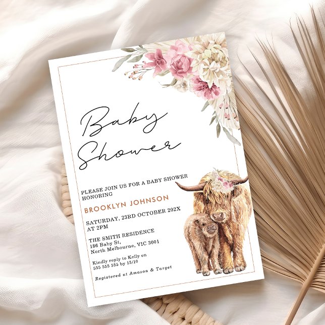 Convite Highland Cow Calf Pink Boho Floral Baby Shower (Pink Floral Highland Cow Baby Shower Invitation, Highland Cow Calf Baby Shower Invite Girl)
