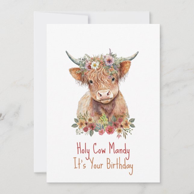 Convite Highland Cow Cute Floral Birday (Frente)