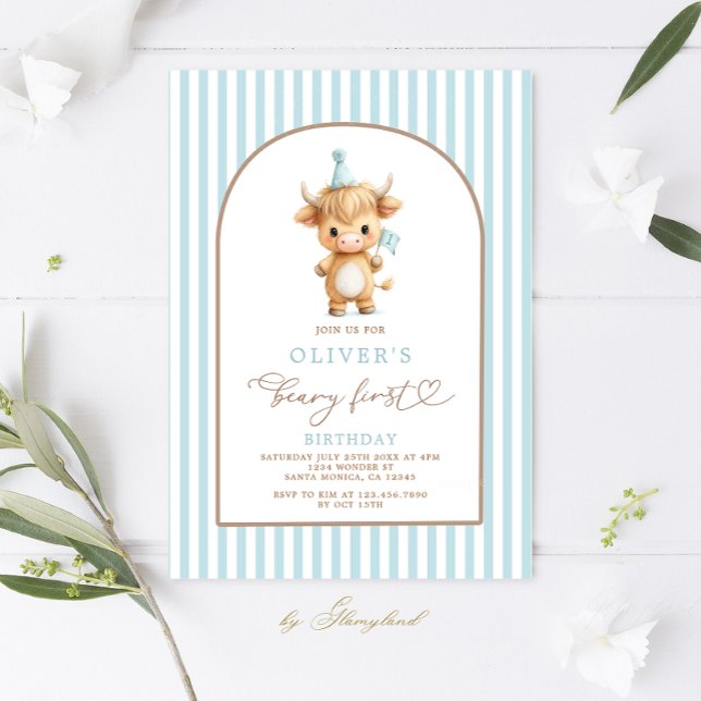 Convite Highland Cow First Birthday Boy Invitation (Criador carregado)