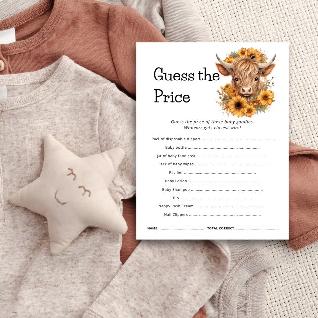Convite Highland Cow Guess The Price Baby Shower Game Card (Criador carregado)
