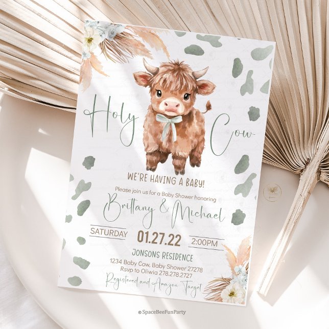 Convite Highland Cow Holy Cow baby shower green Invitation (Highland Cow, Baby Shower, Gender Neutral, Sage Green, Cute Calf)