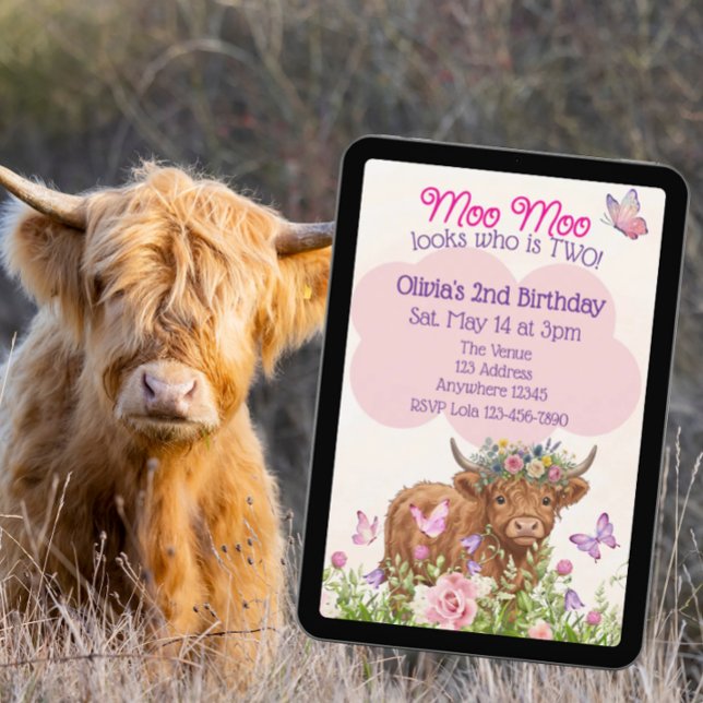 Convite Highland Cow Moo Moo Two 2nd Birthday (Criador carregado)