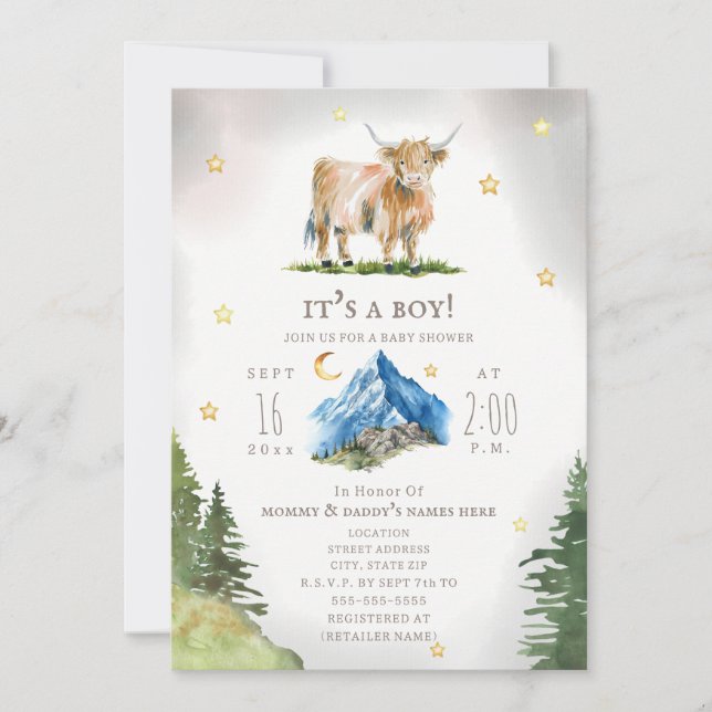 Convite Highland Cow Moon Stars Mountain Baby Shower  (Frente)