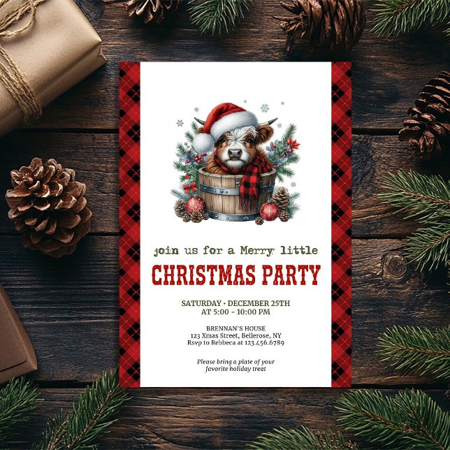 Convite Highland cow pine branch Christmas party invite (Highland cow pine branch Christmas party invite)
