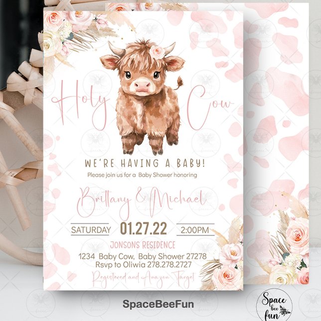 Convite Highland Cow Santa chá de fraldas (highland cow baby shower, holy cow baby shower, baby shower invitation, girl baby shower, farm anima)