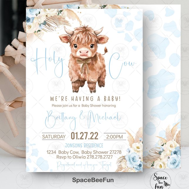 Convite Highland Cow Santo chá de fraldas (highland cow baby shower, holy cow baby shower, baby shower invitation, boy baby shower, farm animal)