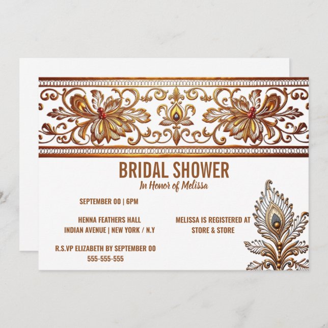 Convite Hindi Indian bridour gold paciock feather henna ch (Frente/Verso)