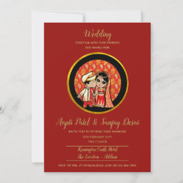 Convite Hindu Casamento Invoca Casal de Cartoon Dourado Ve
