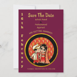 Convite Hindu Casamento Invoca Casal de Cartoon Dourado Ve
