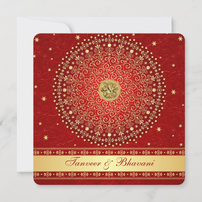Convite Hindu Ganesh Red, Dourado Noivado de rolagem (Frente)