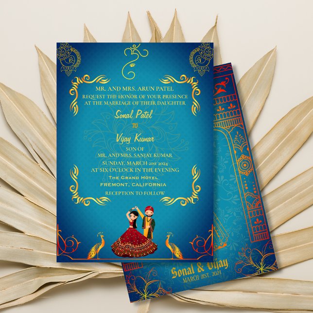 Convite Hindu Hindu Wedding Royal Ouro Teal (Criador carregado)