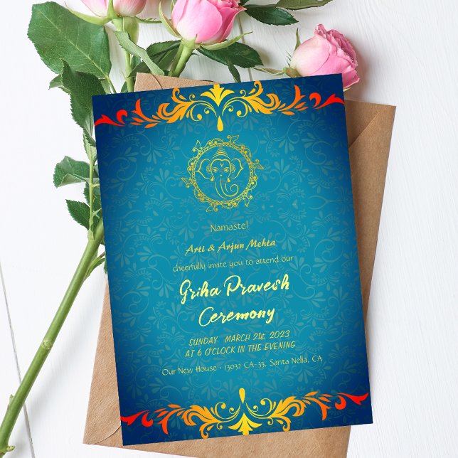 Convite Hindu House Aquecendo Griha Pravesh Ouro Ganesha (Criador carregado)