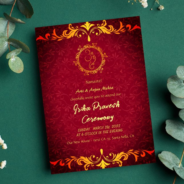 Convite Hindu House Aquecendo Griha Pravesh Ouro Ganesha (Criador carregado)