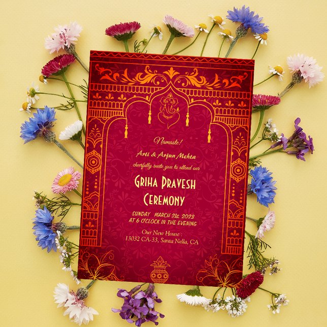 Convite Hindu House Aquecendo Griha Pravesh Ouro Ganesha I (Criador carregado)