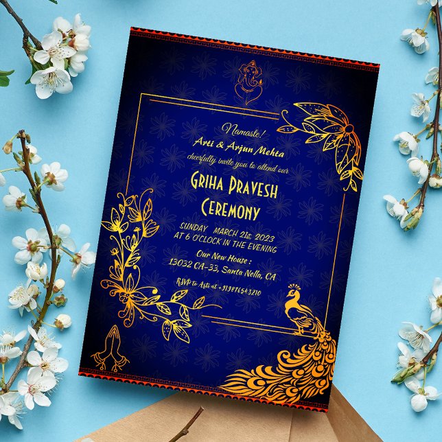 Convite Hindu House Aquecendo Griha Pravesh Ouro Peacock (Criador carregado)