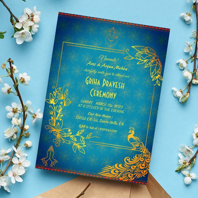 Convite Hindu House Aquecendo Griha Pravesh Ouro Peacock (Criador carregado)