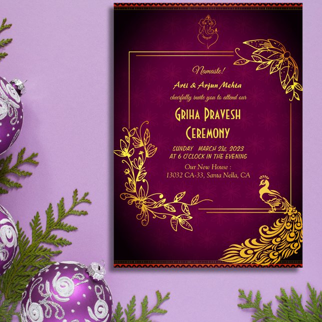 Convite Hindu House Aquecendo Griha Pravesh Ouro Peacock (Criador carregado)