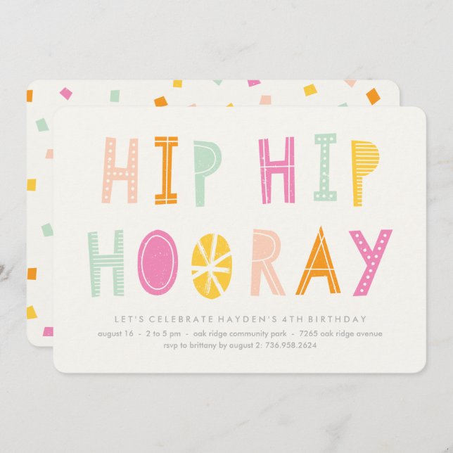 Convite Hip Hip Hooray Birthday Invent - Laranja (Frente/Verso)