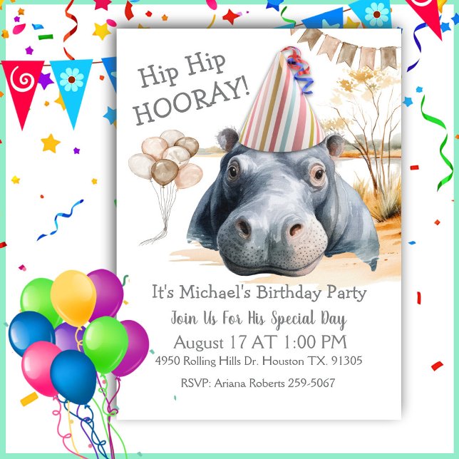 Convite Hip Hip Hooray Hippo Birthday (Criador carregado)